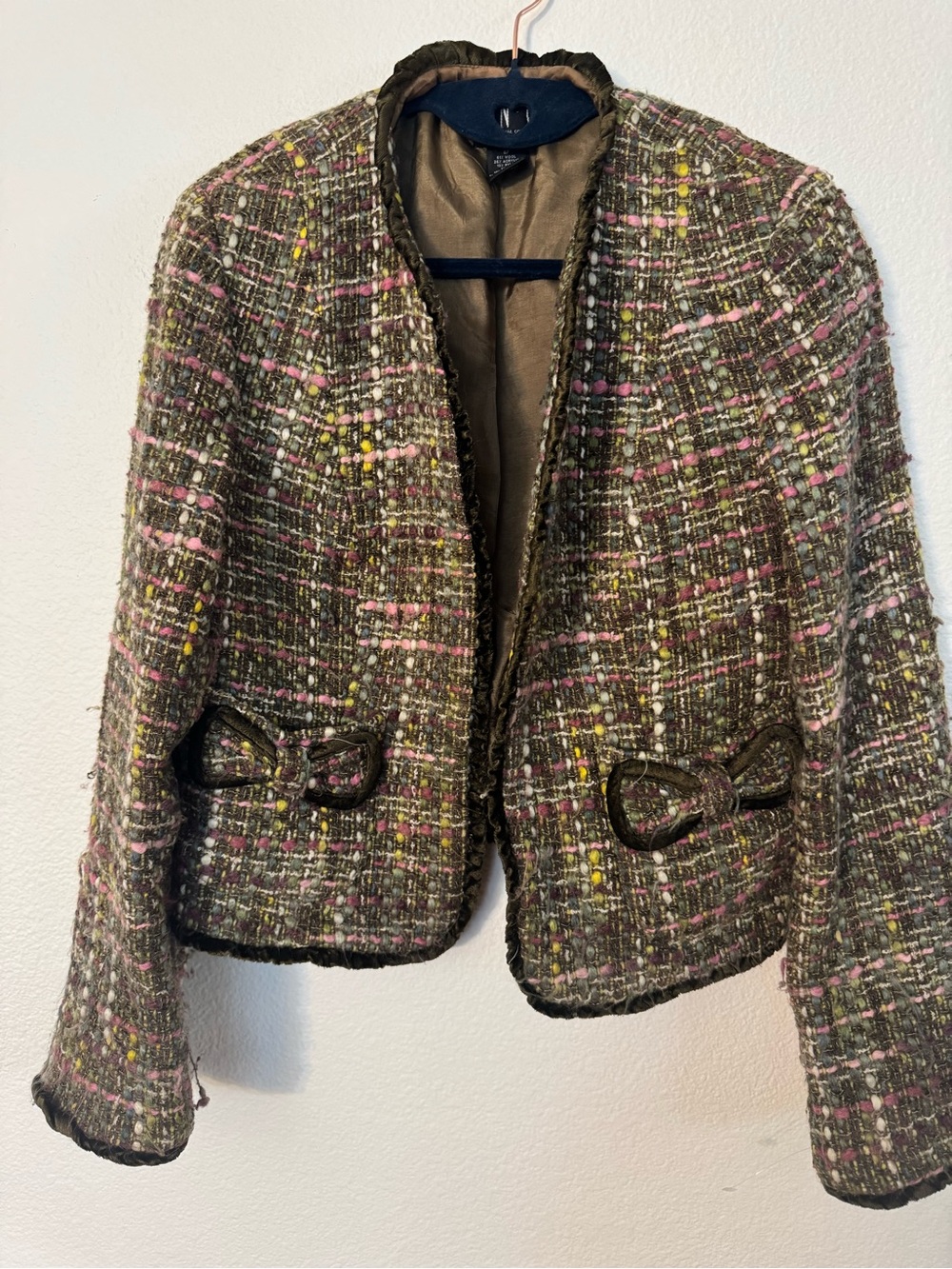 INC International Concepts Olive Tweed Bouclé Jacket with Pink & Yellow Flecks
